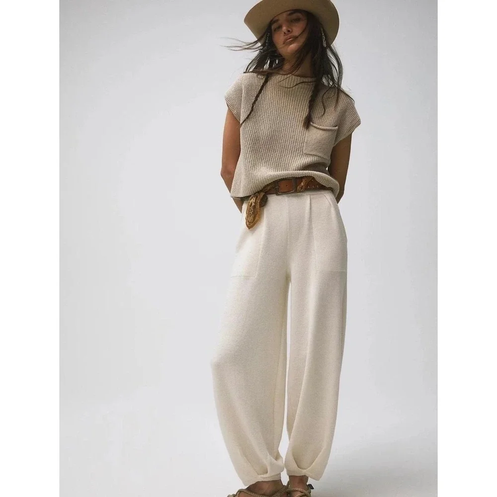 Free People Beach Freya Merino Wool Top Balloon Pants Set Ivory Oatmeal Boho S/M